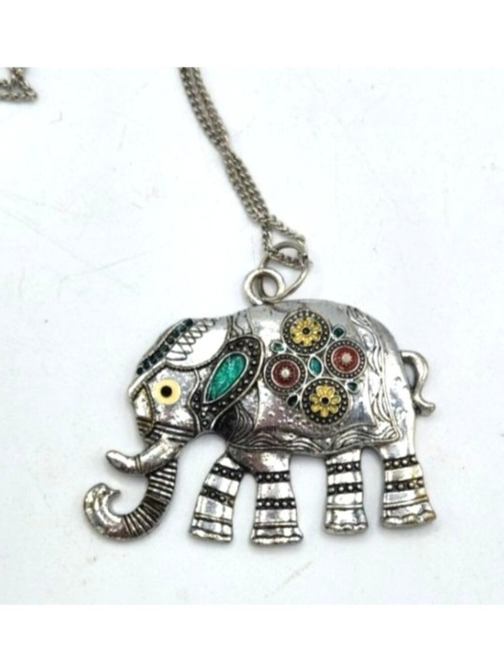 Silver Tone Elephant Pendant With Enamel & Stone Accents